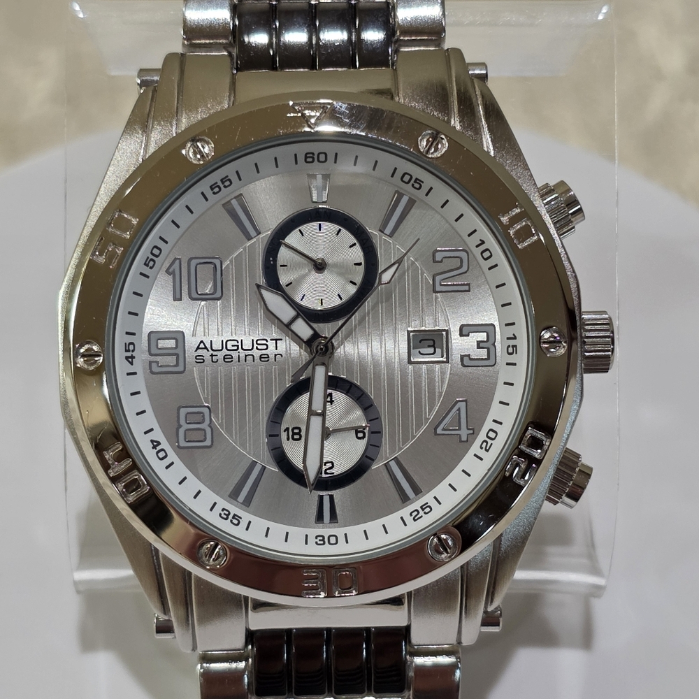 August Steiner Men's AS8070SS Swiss Quartz Month Date Silvertone Wrist Watch
